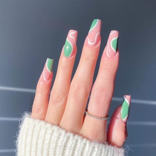 Green and White Nails with Swirls