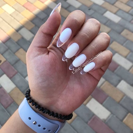 Simple white nail polish and clear French tips nail art