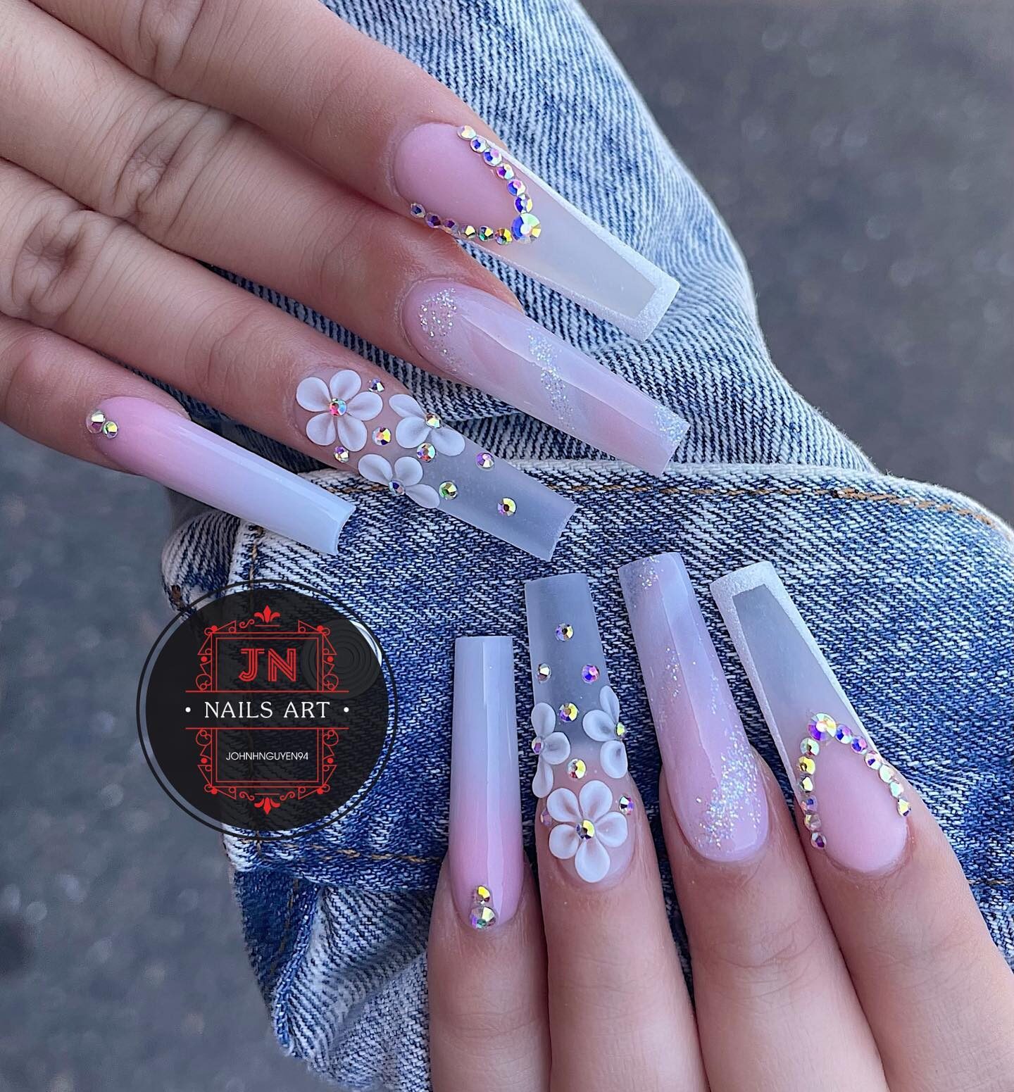 Super long coffin shaped clear nails with rhinestones and 3D flowers nail arts