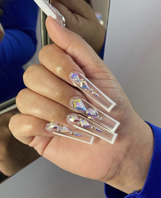 Super long square shaped clear nails with rhinestone and gems