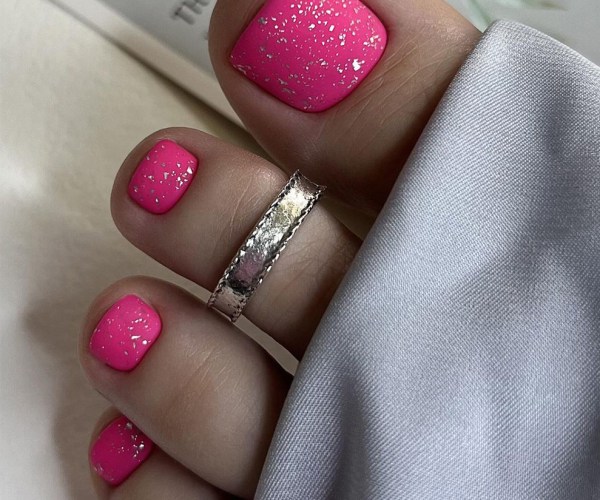 Pink Toe Nails with Silver Flakes