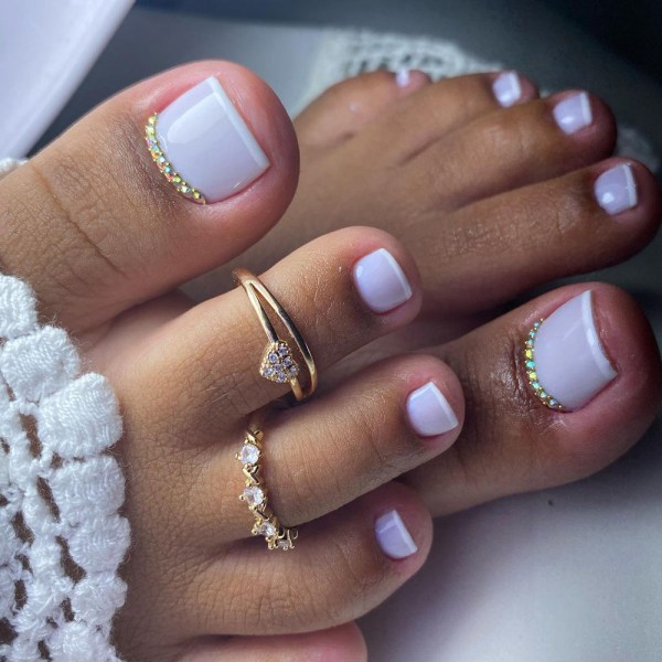 Lilac and White French Pedicure with Gems