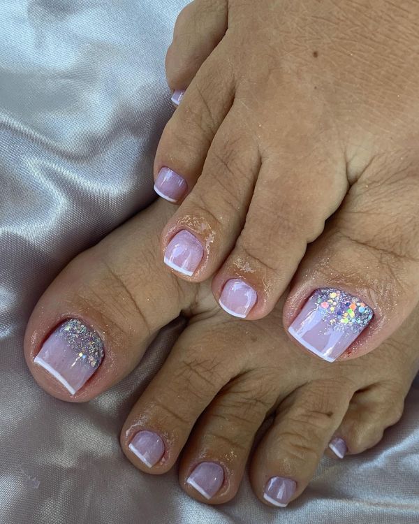 Straight Line French Pedicure with Glitter Big Toe