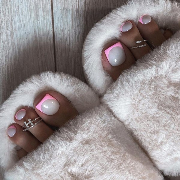 Pink French Tip Toes with Milky White Base