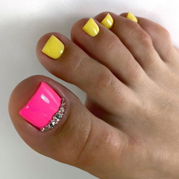 Yellow Toe Nails with Pink Big Toe