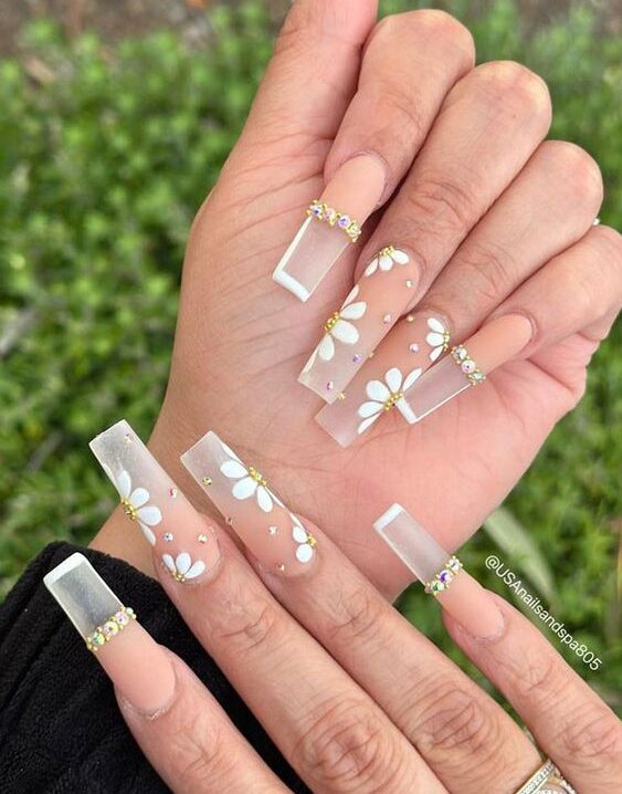 Nude to clear ombre effect in matte finish with rhinestones and flower nail arts on super long square nails