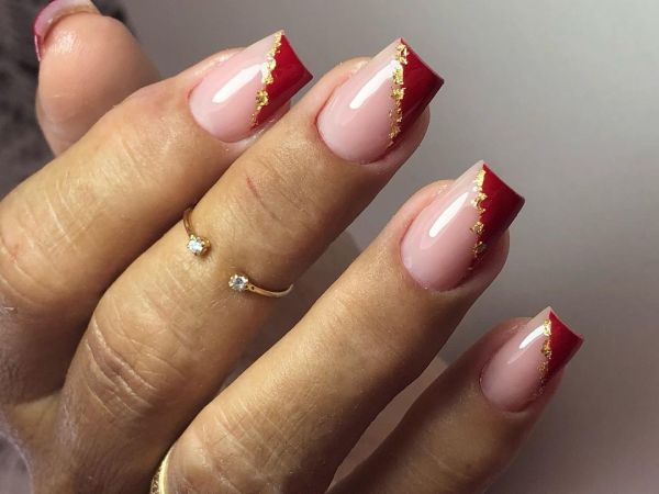 Red and Gold Side French Nails