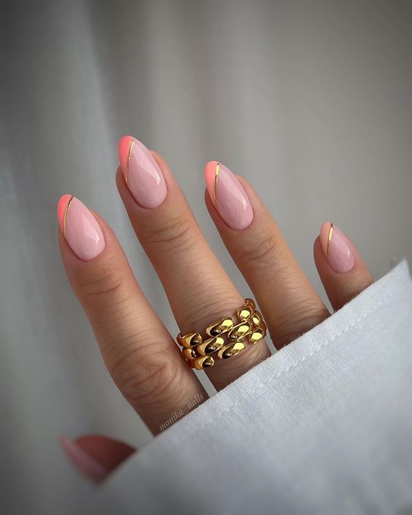 Gold and Peach Side French Manicure