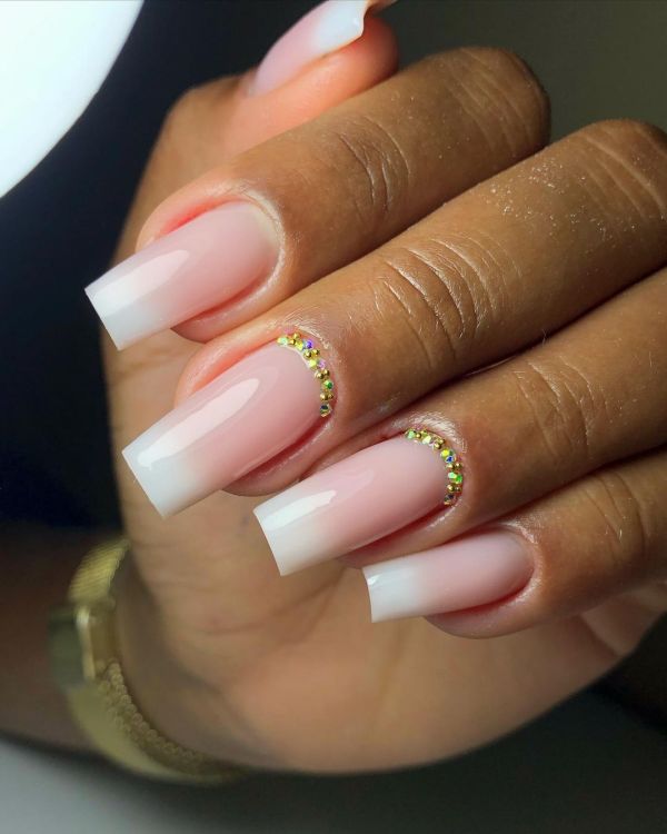 French Fade Nails with Gems