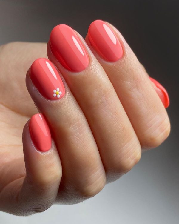 Coral Nails with Little Daisy Nail Art