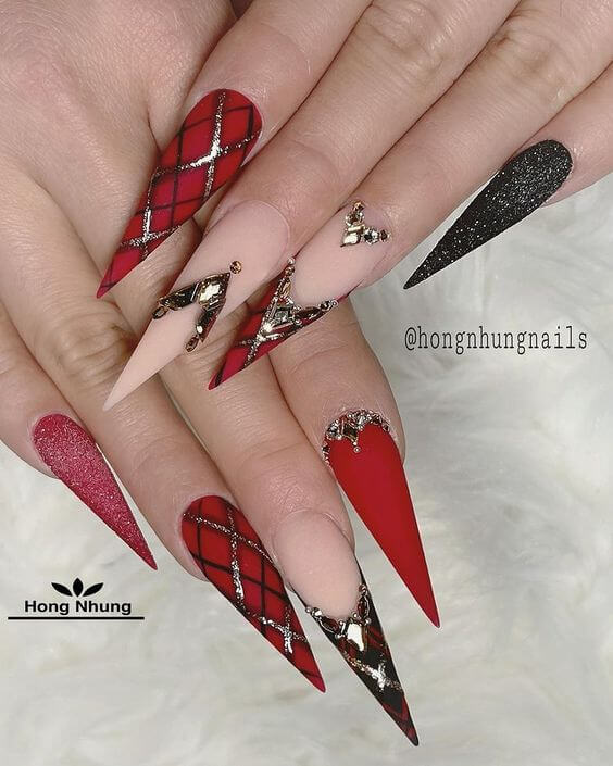 Glitter Red And Black Coffin Nails