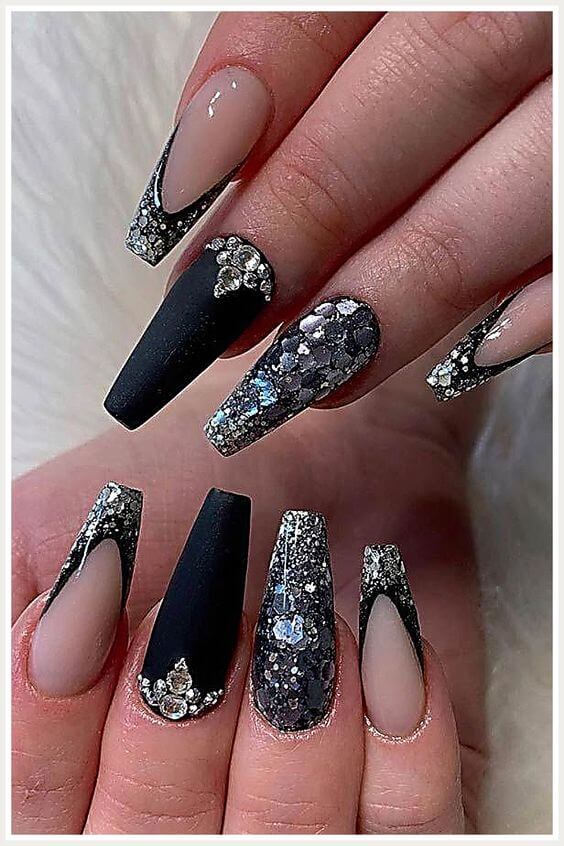 Black Nails With Glitter Tips