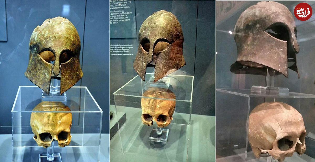 Greek Corinthian-style helmet and the skull found inside it from the Battle  of Marathon's location, fought between the Persians and Greeks in 490 BC  during the time of Darius the Great. (1200×620) :