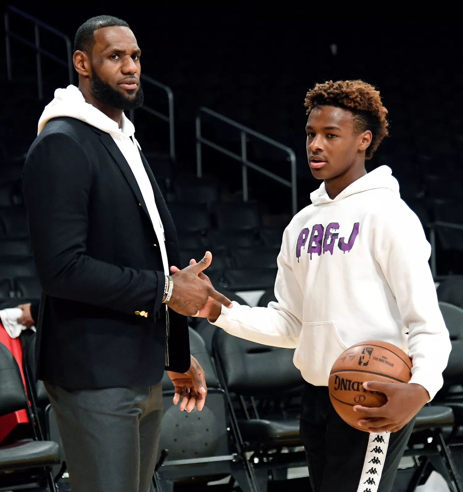 LeBron James #23 of the Los Angeles Lakers and his son LeBron James Jr