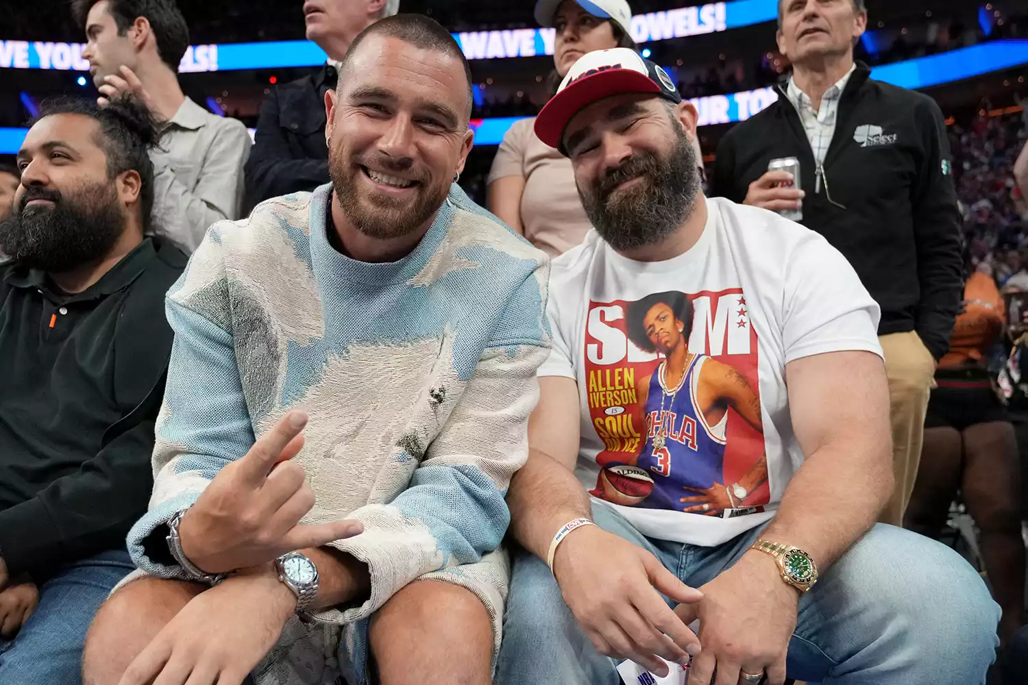 Travis Kelce and Jason Kelce attend a game before the game against the Boston Celtics against the Philadelphia 76ers during Game 6 of the 2023 NBA Playoffs Eastern Conference semi-finals 