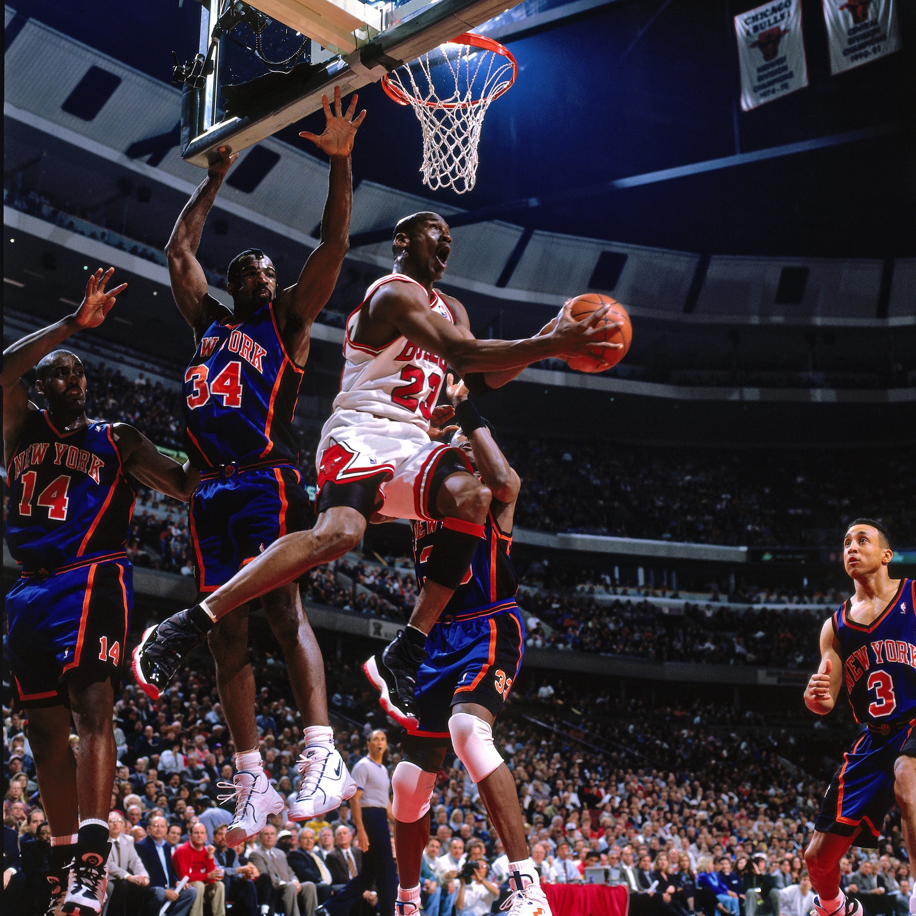 Michael Jordan flying high against the New York Knicks in 1996