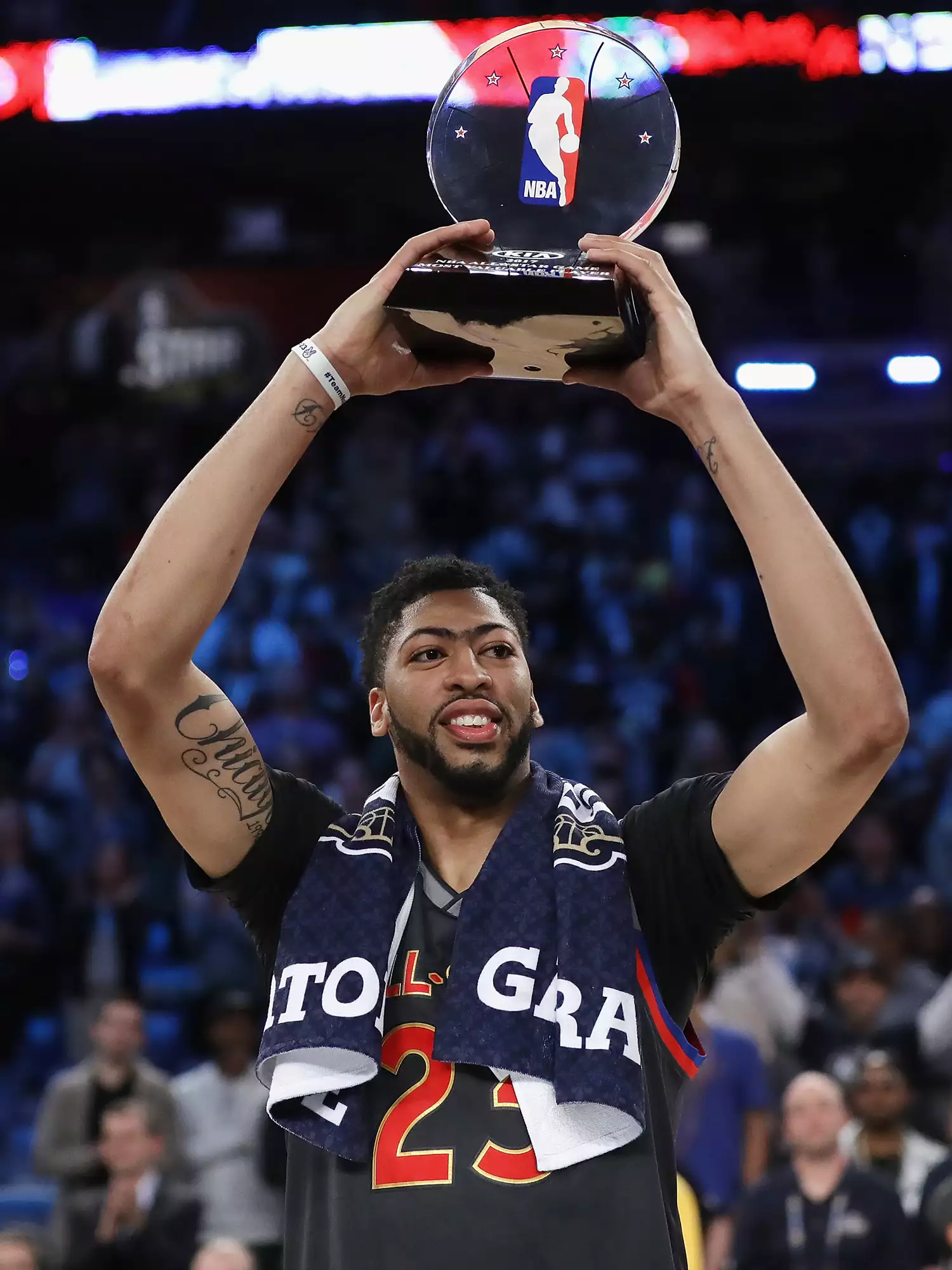 Anthony Davis with the 2017 NBA All-Star Game MVP trophy after the 2017 NBA All-Star Game at Smoothie King Center on February 19, 2017 in New Orleans, Louisiana.