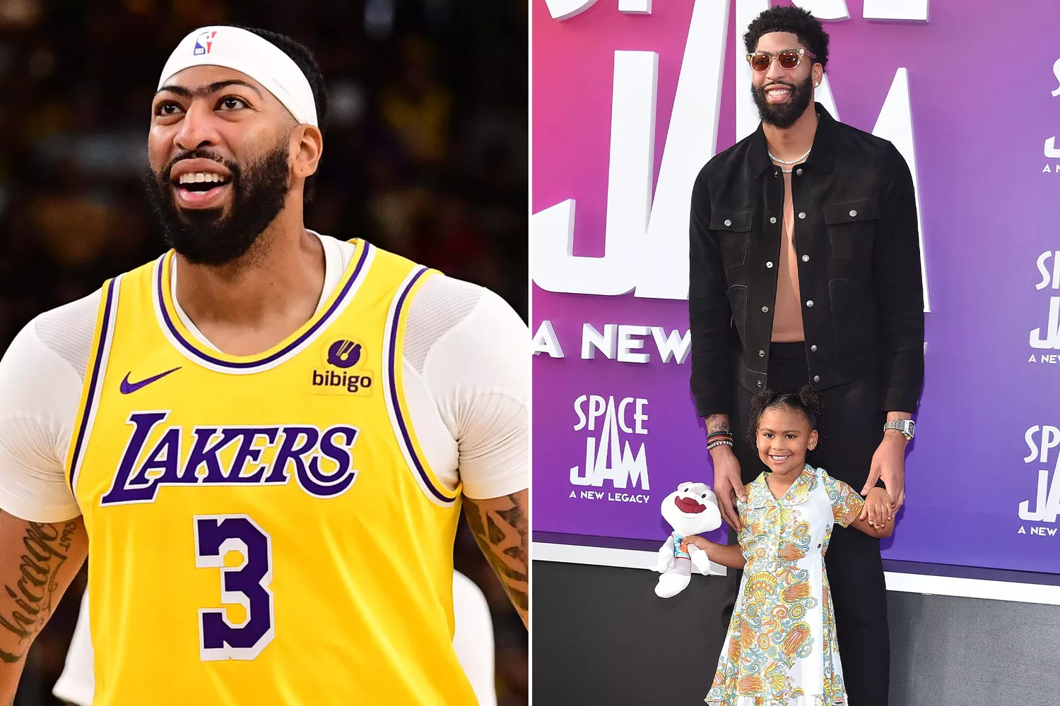 Anthony Davis during the game against the Phoenix Suns on October 19, 2023. ; Anthony Davis and Nala Davis at the world premiere of Space Jam: A New Legacy on July 12, 2021 in Los Angeles, CA. 