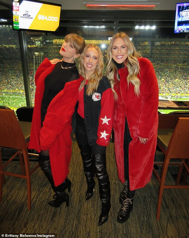 Taylor has been spotted hanging out with Mahomes (middle) and other wives and girlfriends of players, including Lyndsay Bell (right)