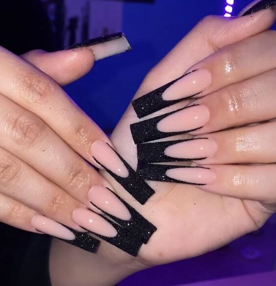 Long square acrylic nails with shimmering black French tips nail design