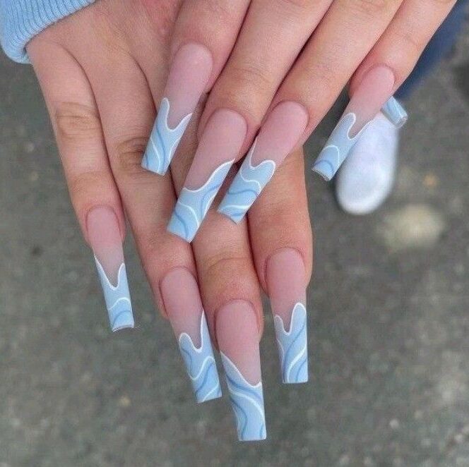 Light blue swirled French tips in matte finish on long square nails