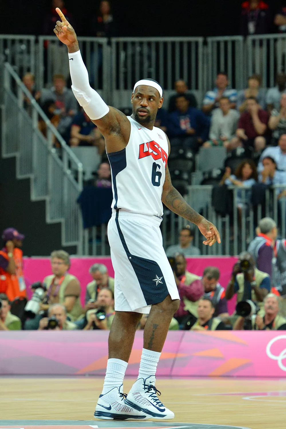 LeBron James #6 of the USA Mens Senior National team points during the game against France at the Olympic Park Basketball Arena during the London Olympic Games on July 29, 2012