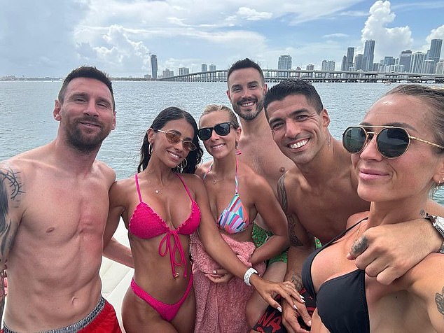 The couple headed out with Luis Suarez (second from right) and his teammate's wife Sofia (right) as well as her sister-in-law Mariana (third from left) and partner (third from right)