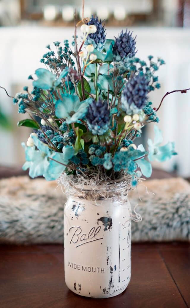 Whitewashed Mason Jar of Cerulean Dried Flowers