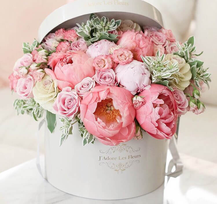 Dainty Ivory Hatbox Bursting with Pink Buds