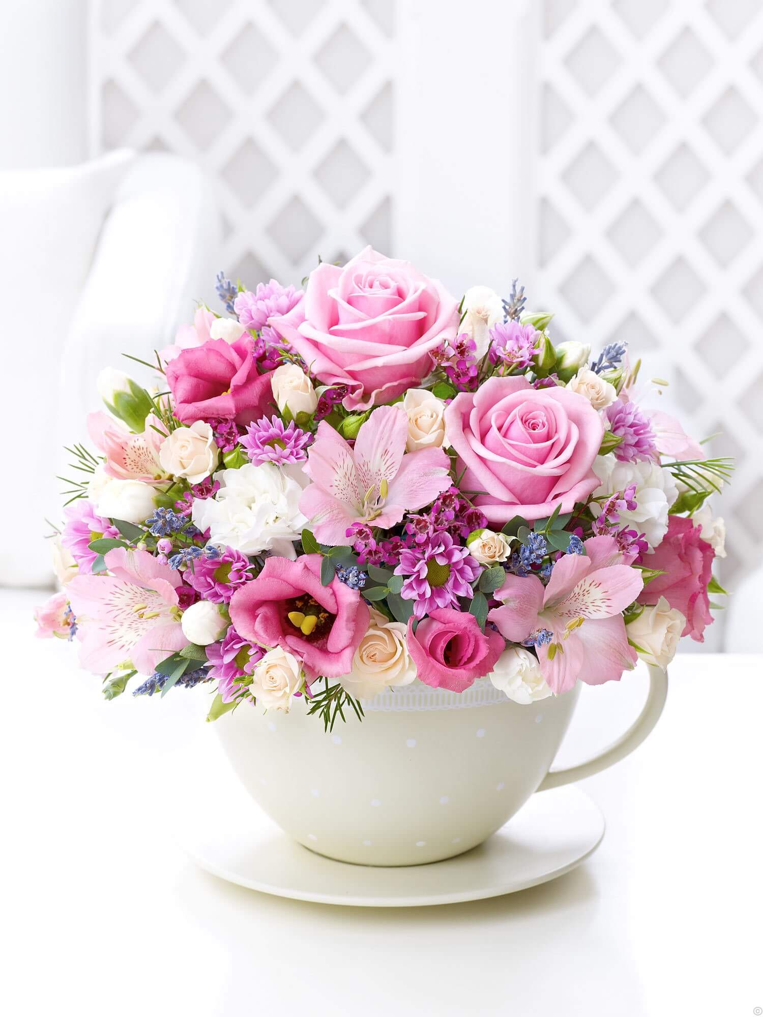 Teacup of Roses, Mums, and Austrolmaria