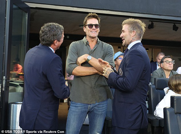 Brady was all smiles as he chatted with Beckham before the game at Chase Stadium