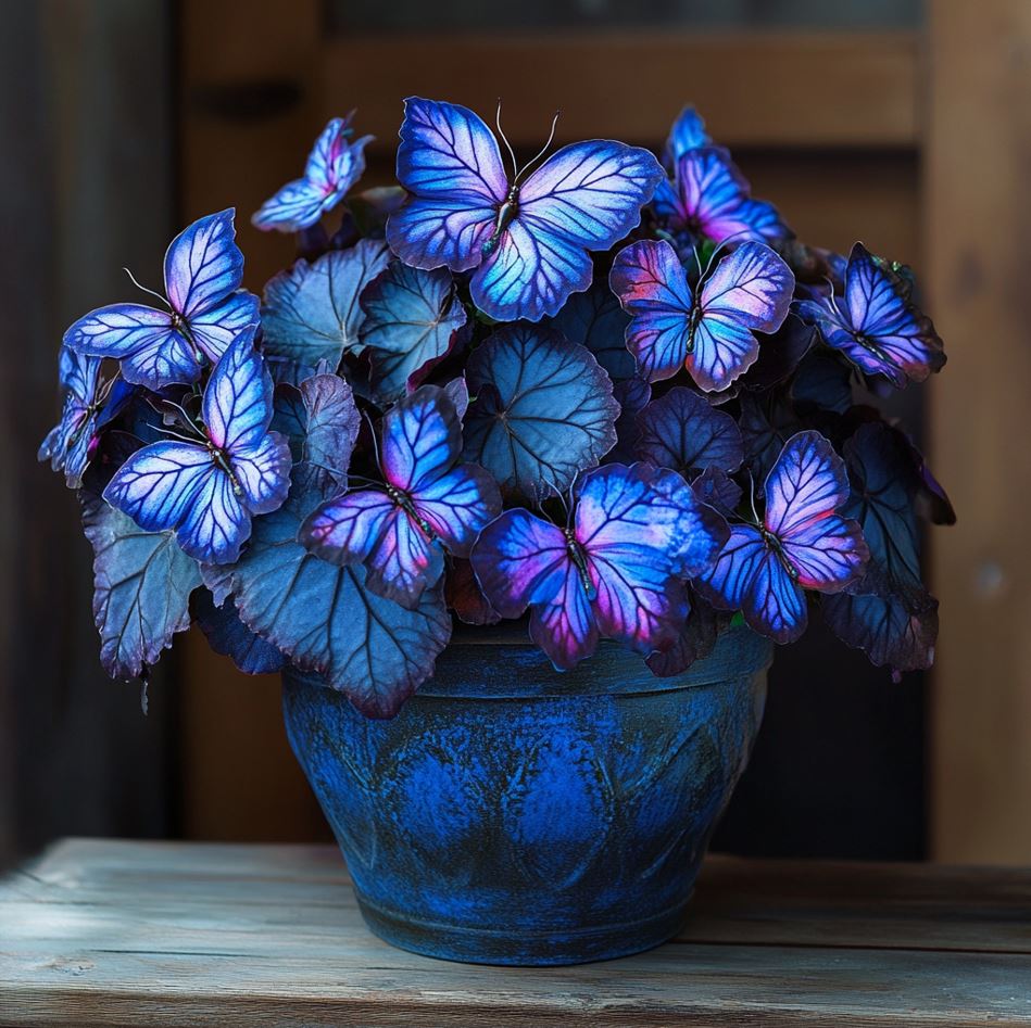 Begonia Moonlight Butterfly with blue and purple neon leaves in a pot.