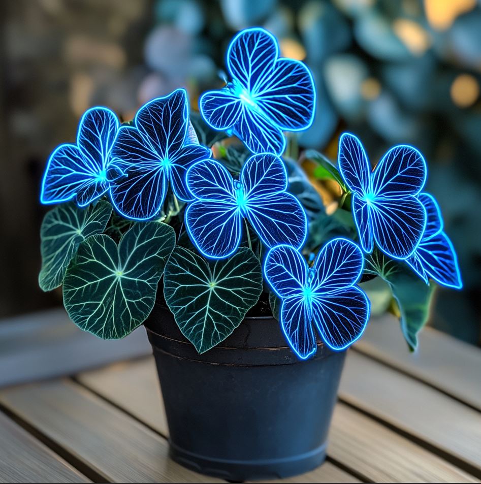 Begonia Moonlight Butterfly with glowing blue leaves in a black pot.