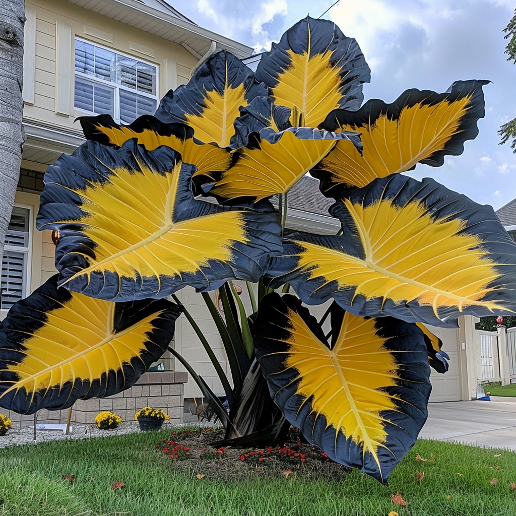 Black and yellow Elephant Ear plants in a front yard, creating a striking and bold garden display