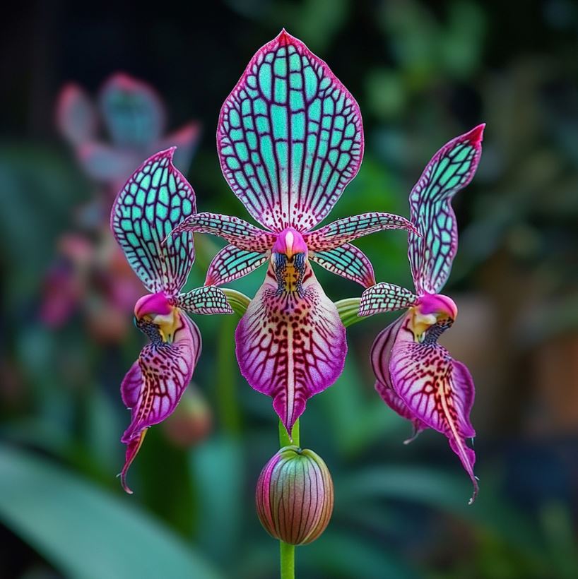 Orchid flower with intricate turquoise and pink petal patterns