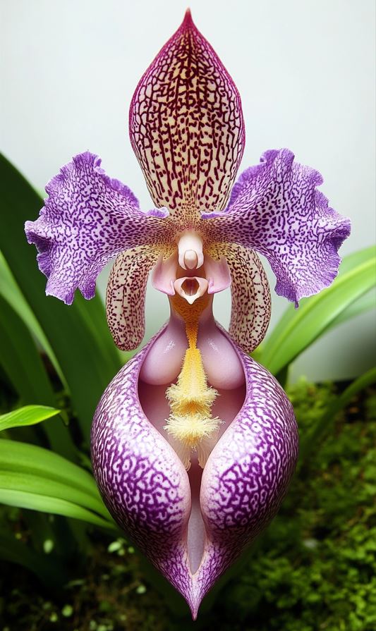 Exotic Tropical Orchid with a unique form and intricate purple and yellow petals