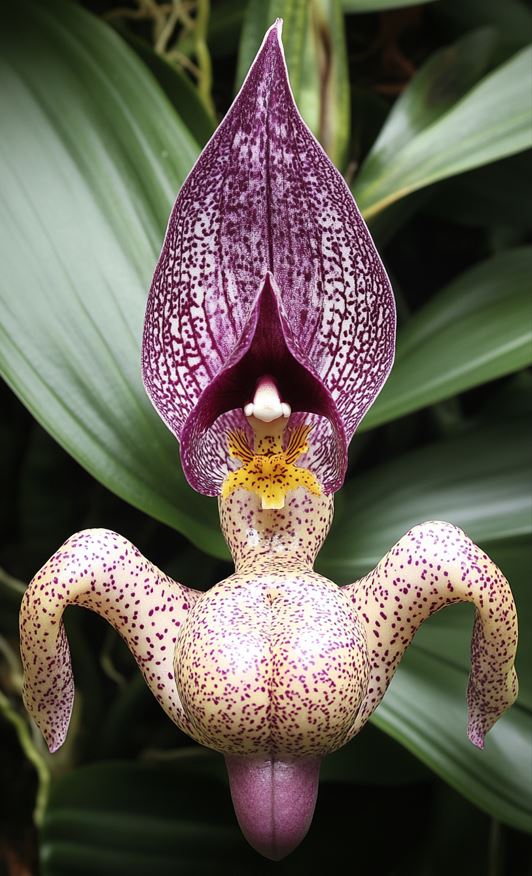 Exotic Tropical Orchid with unique human-like form and speckled purple and yellow petals