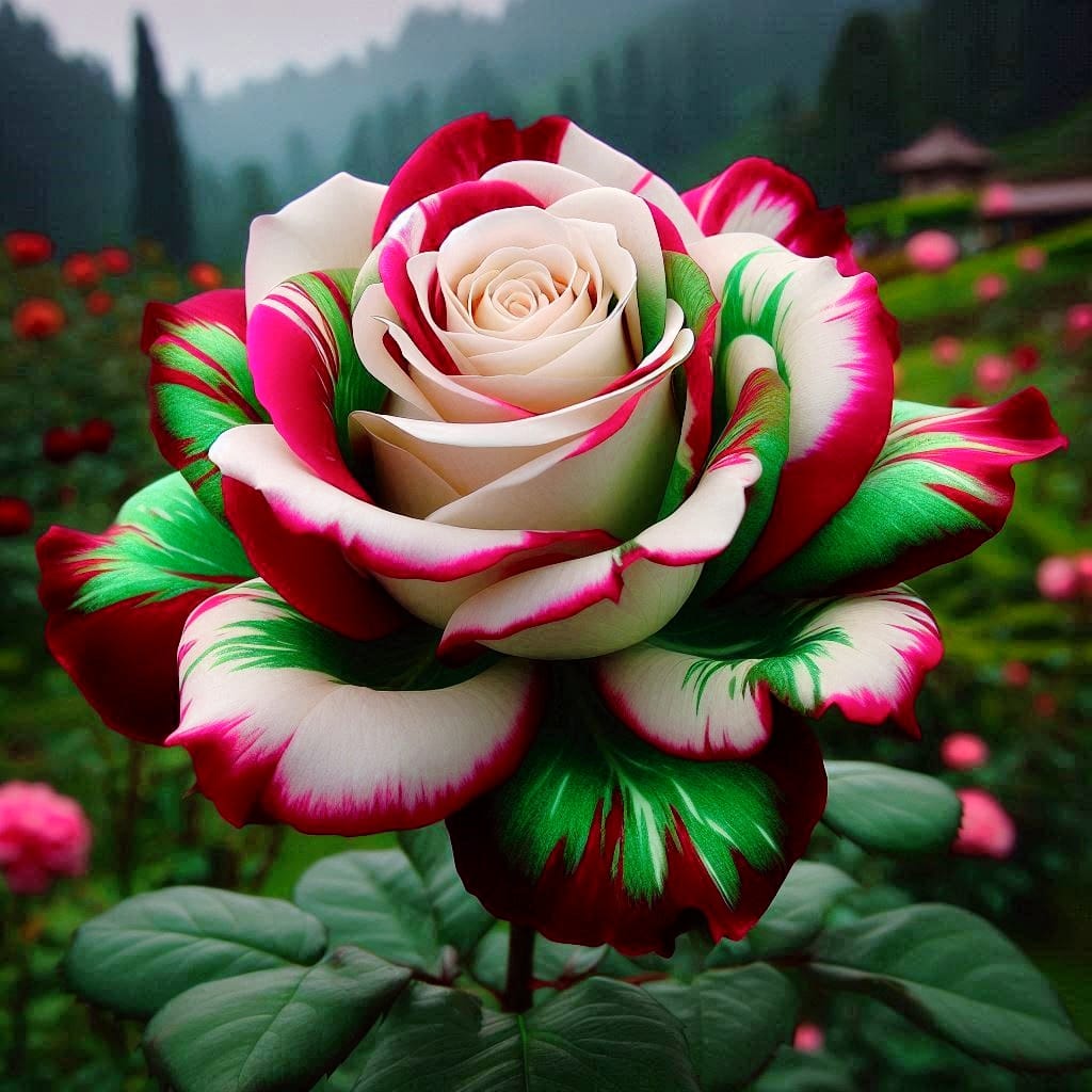 Red, White, and Green Multicolor Rose