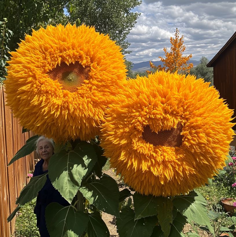 Giant fluffy sunflowers with thick yellow petals in a garden