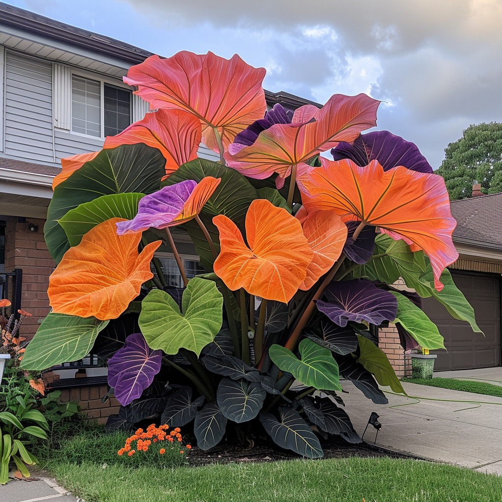 Giant multi-colored Elephant Ear plants in a front yard, showcasing vibrant orange, green, and purple leaves