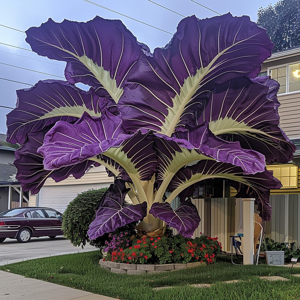 Giant purple Elephant Ear plants in a front yard, creating a dramatic and eye-catching display