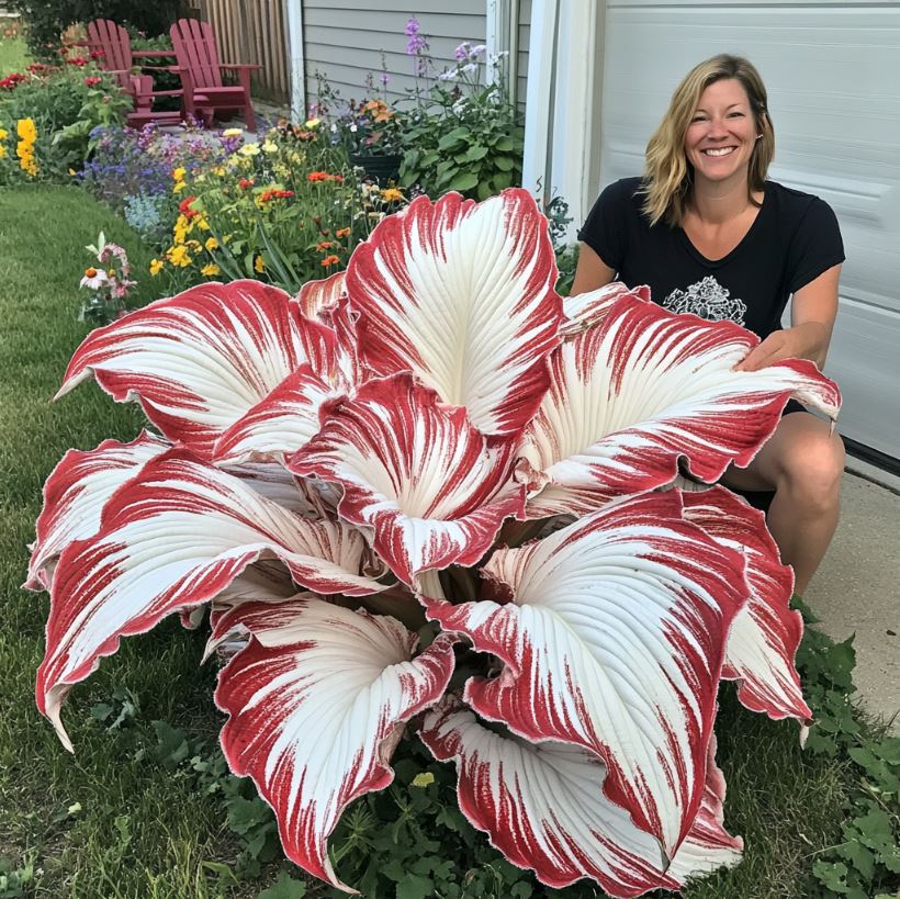 Giant Variegated Hostas with large red and white leaves and a person for scale