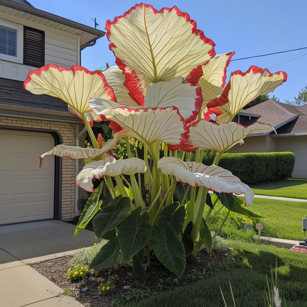 Giant white Elephant Ear plant with red edges in a front yard, creating a striking and unique garden feature