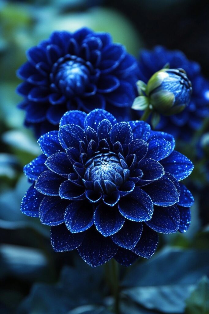 Deep blue Dahlia flowers with a sparkling effect