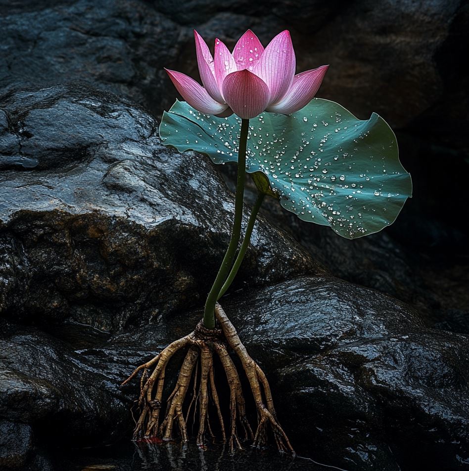 Mystical Rock Lotus with a single pink blossom and exposed roots growing on a dark rock