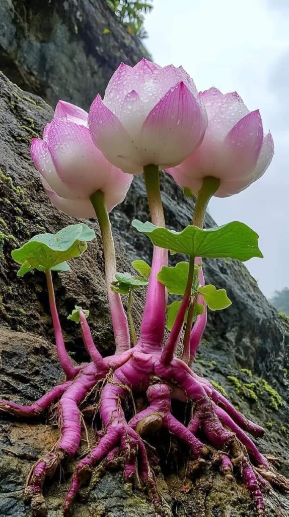 Mystical Rock Lotus with white stems and pink flowers growing on a rocky surface