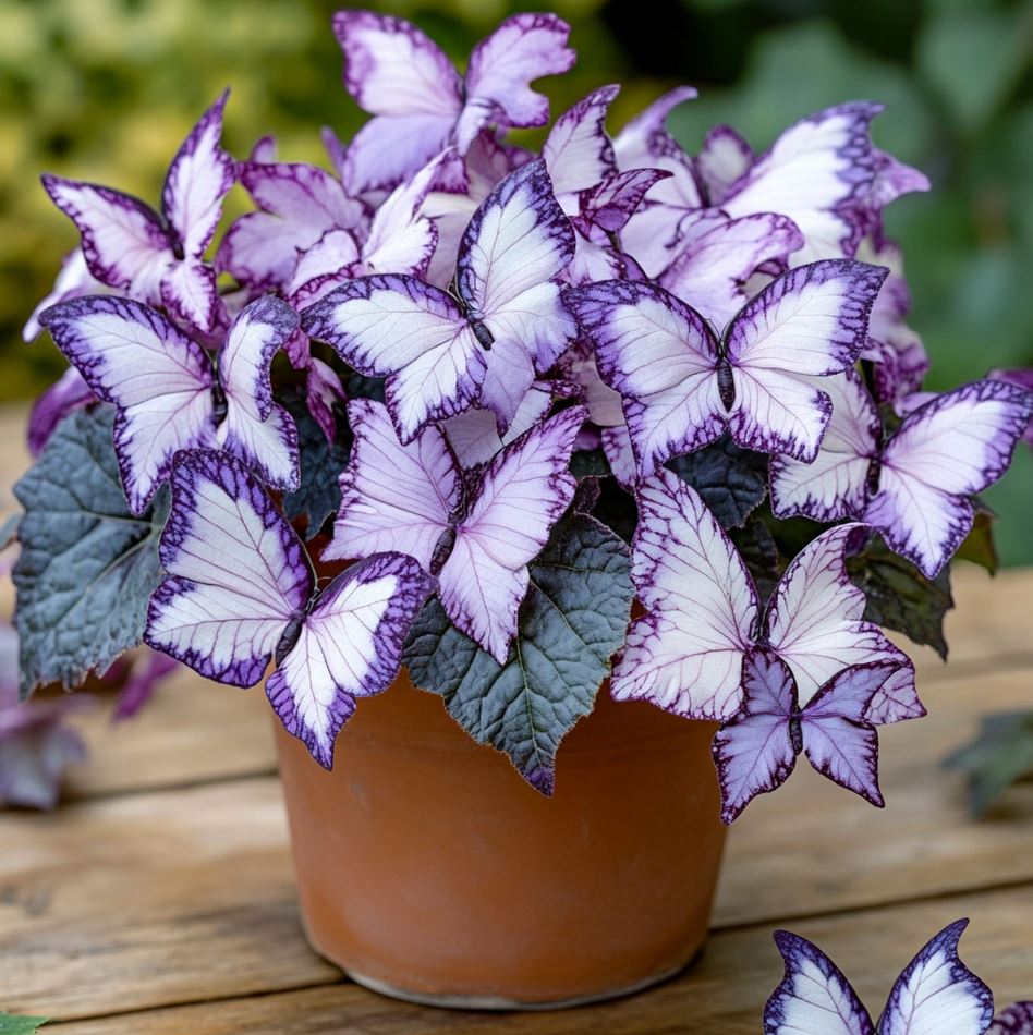 Begonia plant with delicate purple and white butterfly-shaped leaves in a terracotta pot.