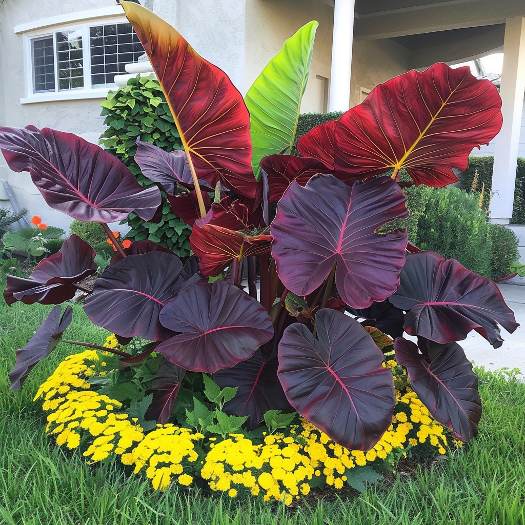 Red and green Elephant Ear plants in a vibrant garden, surrounded by bright yellow flowers