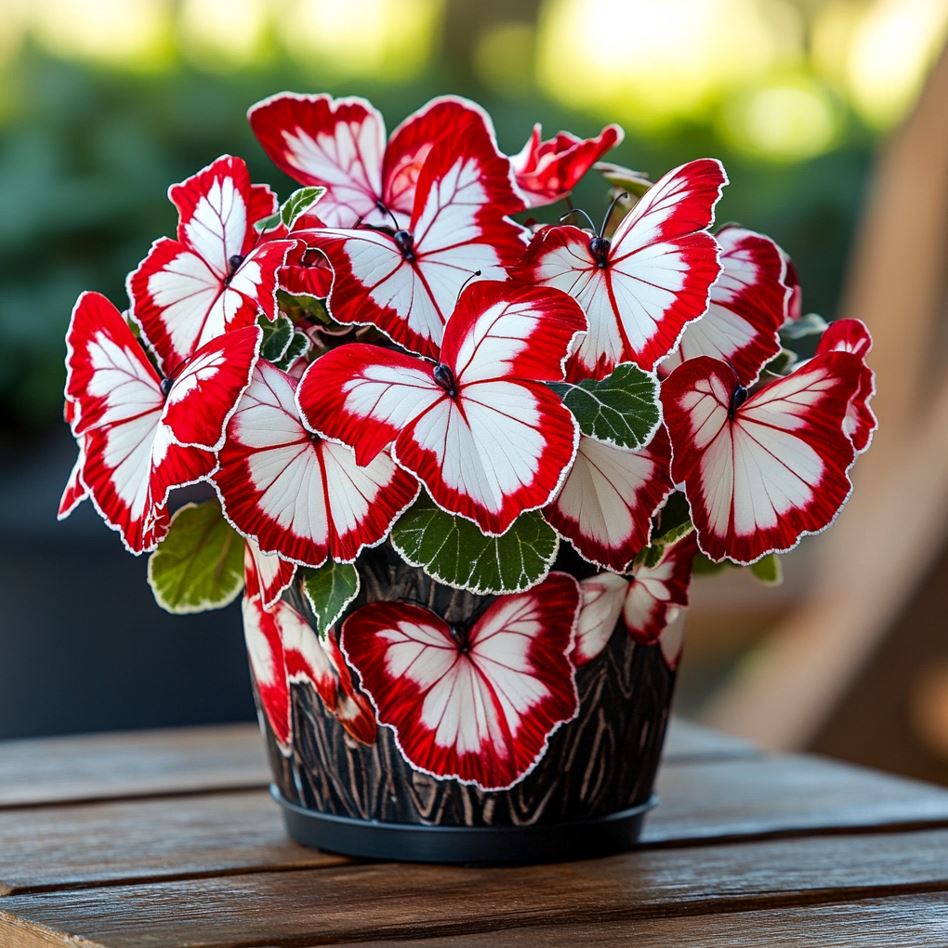 Begonia plant with vibrant red and white butterfly-shaped leaves in a decorative pot.