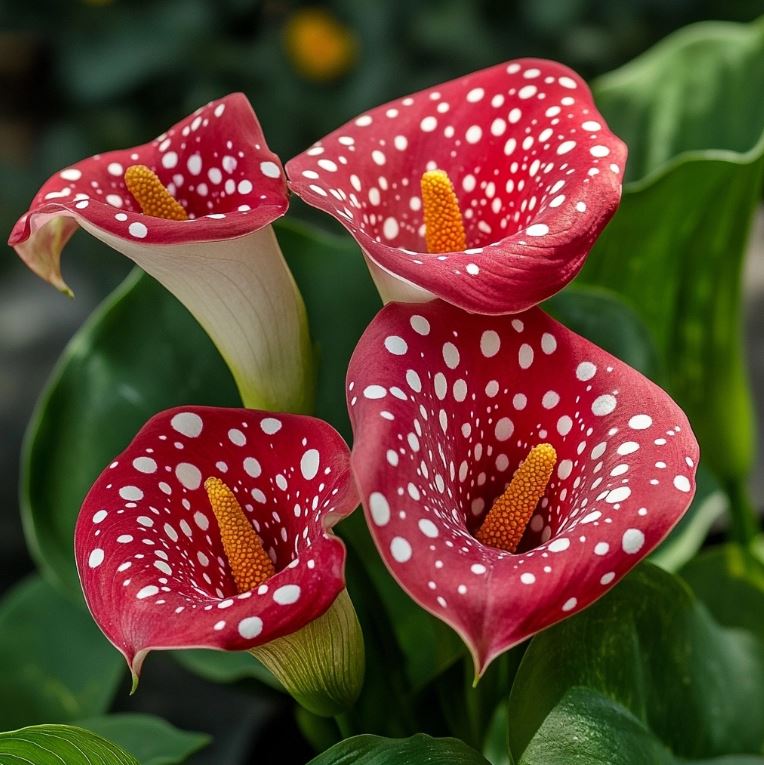 Red and white polka dot Calla Lilies, unique patterned flowers in bloom